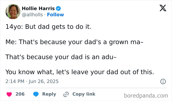 Tweet from a mom sharing a funny parenting moment, highlighting humor in balancing family chaos and laughter.