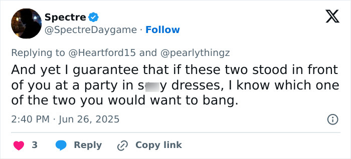 Tweet by user Spectre responding to a discussion about the world's prettiest footballer and her stunning transformation.