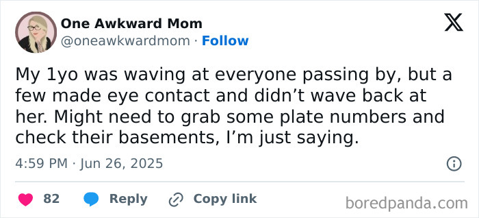 Screenshot of a funny tweet by a mom sharing parenting humor about her 1-year-old waving at passersby.