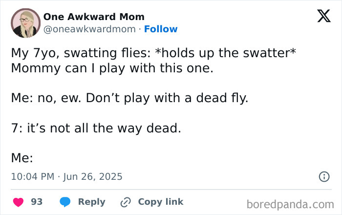 Tweet from a mom humorously sharing a funny parenting moment amidst the chaos of daily life with kids.