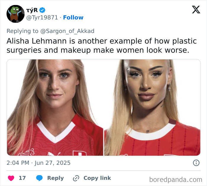 Side-by-side images of the world's prettiest footballer showing a stunning transformation after plastic surgery and makeup.