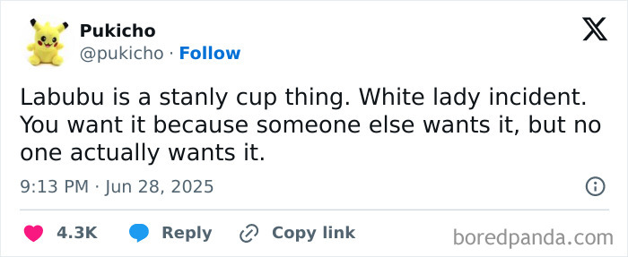 Tweet about Labubu doll memes, discussing its viral appeal and humorous online reactions.