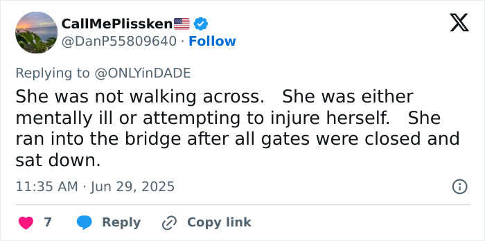 Screenshot of a tweet discussing a woman holding on to a rising drawbridge despite warnings not to cross. Screenshot of a tweet discussing a woman holding on to a rising drawbridge despite warnings not to cross.