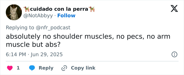 Tweet criticizing a shirtless man&rsquo;s abs, questioning if he got plastic surgery for his abs in a controversial comment.