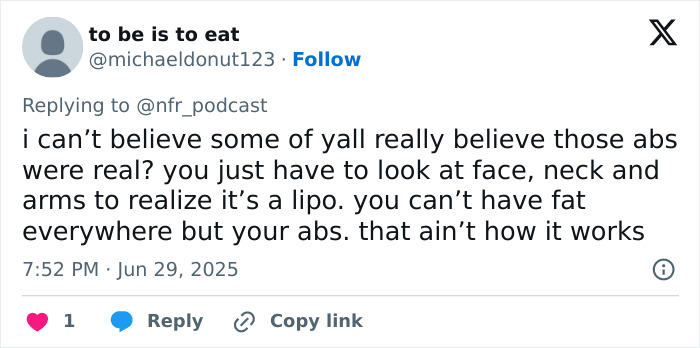 Tweet criticizing the authenticity of a shirtless man&rsquo;s six-pack, claiming it looks like plastic surgery or liposuction.