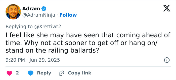 Tweet discussing a woman’s survival after holding on to a rising drawbridge she was warned not to cross. Tweet discussing a woman’s survival after holding on to a rising drawbridge she was warned not to cross.