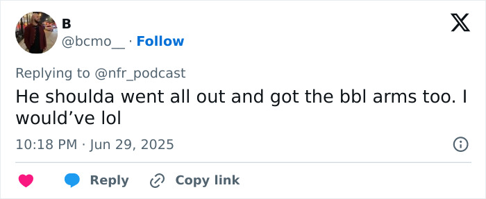 Tweet from user B sarcastically commenting on plastic surgery for abs and arms in a shirtless pic, mocking a fake six-pack.