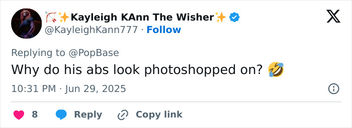 Twitter post questioning if Drake's abs look photoshopped, sparking debate about plastic surgery and fake six-pack rumors.