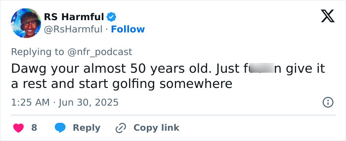 Tweet criticizing someone&rsquo;s age and suggesting to stop and start golfing, related to plastic surgery for abs debate.