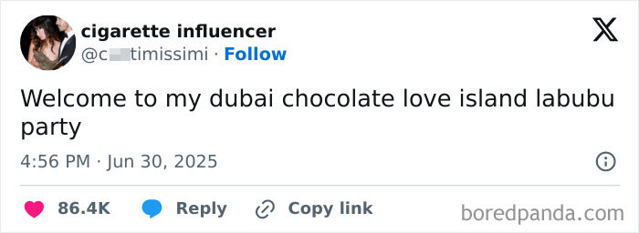 Screenshot of a tweet by a cigarette influencer referencing the Labubu doll in a humorous party context.