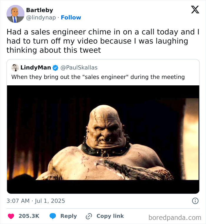 Tweet featuring a meme about a sales engineer with a humorous image, part of hilarious tweets from July collection.