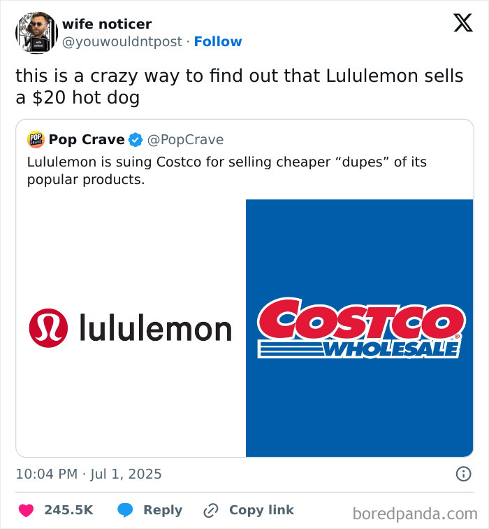 Screenshot of hilarious tweet about Lululemon suing Costco, highlighting viral funny social media moments from July tweets.