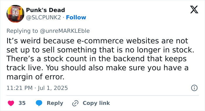 Screenshot of a Twitter reply discussing issues with e-commerce websites after Meghan Markle website glitch causes refund complaints.