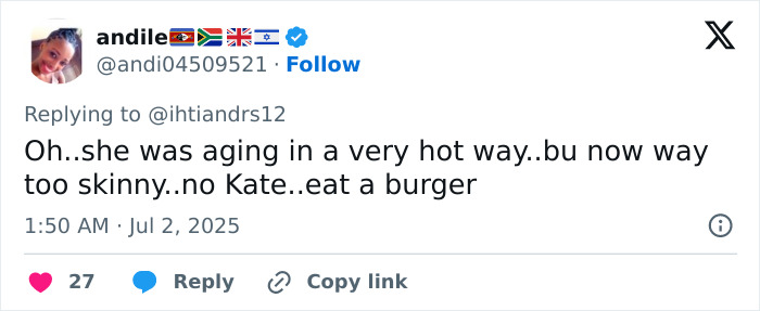 Tweet expressing concern over Kate Beckinsale's drastic weight loss and her now very skinny appearance. Tweet expressing concern over Kate Beckinsale's drastic weight loss and her now very skinny appearance.