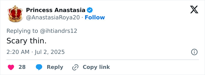 Tweet from Princess Anastasia commenting on Kate Beckinsale's scary thin look amid Ozempic weight loss concerns. Tweet from Princess Anastasia commenting on Kate Beckinsale's scary thin look amid Ozempic weight loss concerns.