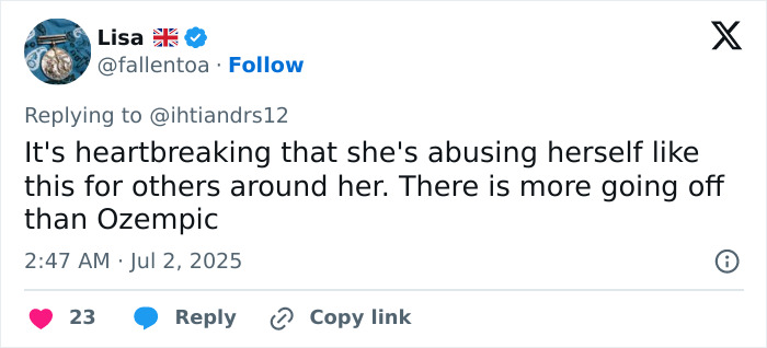 Tweet from user Lisa expressing concern over Ozempic abuse and mentioning more issues beyond the drug related to drastic weight loss. Tweet from user Lisa expressing concern over Ozempic abuse and mentioning more issues beyond the drug related to drastic weight loss.