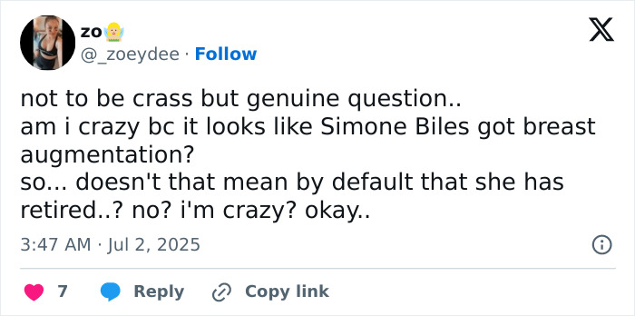 Tweet discussing Simone Biles sparking plastic surgery and retirement rumors with new look on vacation.