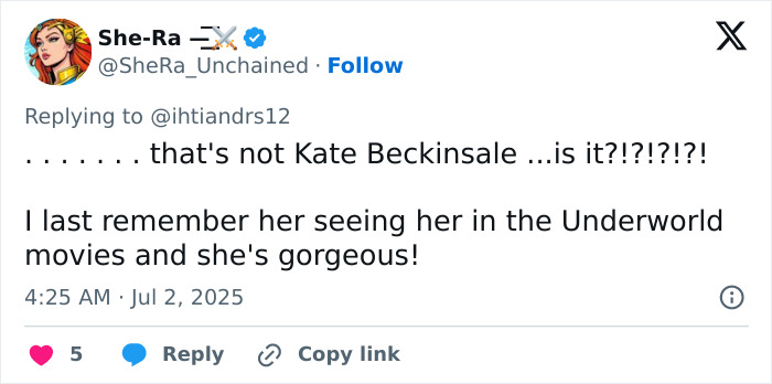 Screenshot of a tweet questioning Kate Beckinsale's drastic weight loss and discussing her 'scary thin' appearance online. Screenshot of a tweet questioning Kate Beckinsale's drastic weight loss and discussing her 'scary thin' appearance online.