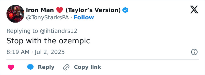Tweet from user Iron Man urging to stop with the Ozempic, highlighting concerns about its use and effects. Tweet from user Iron Man urging to stop with the Ozempic, highlighting concerns about its use and effects.