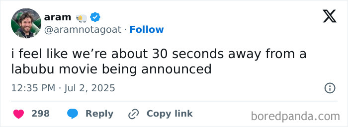 Tweet about the Labubu doll trending online, joking that a Labubu movie announcement is imminent, sparking hilarious memes.