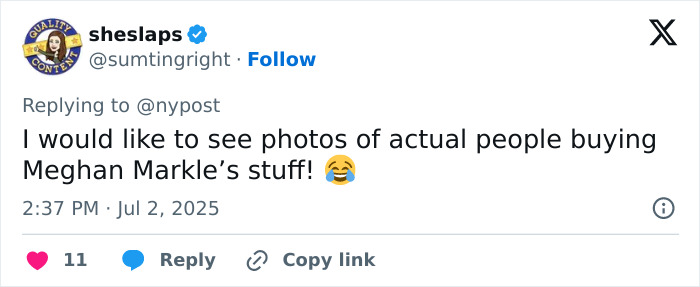 Screenshot of a tweet commenting on Meghan Markle forced refunds after latest website glitch frustrating shoppers.