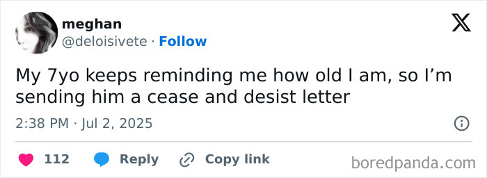 Funny tweet from a parent joking about their 7-year-old reminding them of their age during busy family moments.