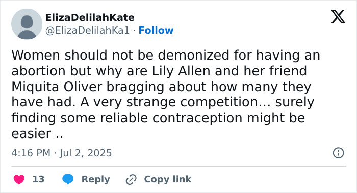 Tweet criticizing Lily Allen and Miquita Oliver's public talk about abortions, sparking debate on abortion and contraception.