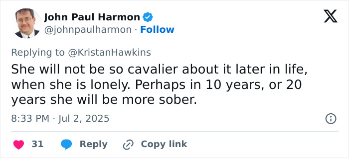 Tweet by John Paul Harmon discussing reactions to Lily Allen&rsquo;s sickening confession about her abortions and internet division.