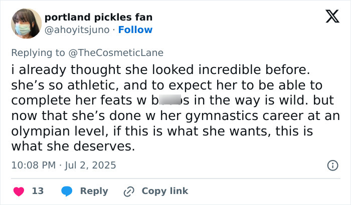 Tweet discussing Simone Biles sparking plastic surgery and retirement rumors with her new look while on vacation.