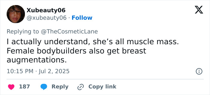 Social media comment discussing Simone Biles plastic surgery rumors and female bodybuilders' breast augmentations.