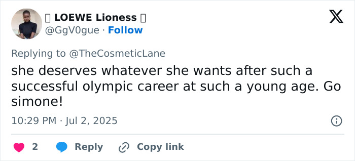 Tweet praising Simone Biles for her successful Olympic career amid plastic surgery and retirement rumors on vacation.