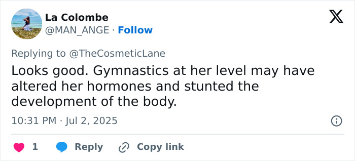 Social media user commenting on Simone Biles&rsquo; new look sparking plastic surgery and retirement rumors.