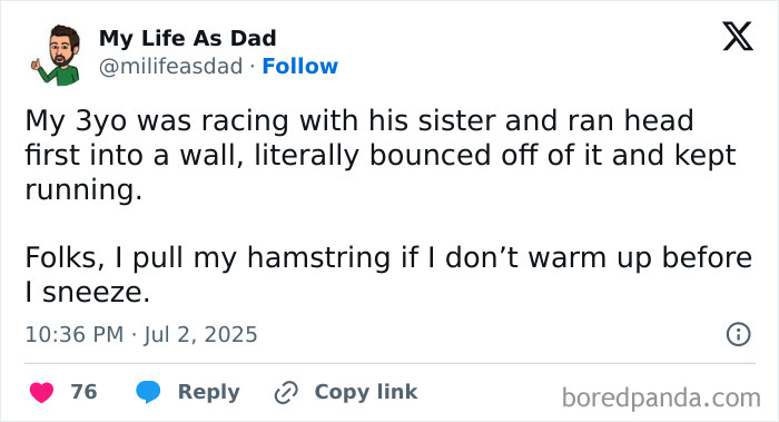 Tweet from a dad sharing a funny parenting moment, showcasing humor in between the chaos of being a mom and dad.