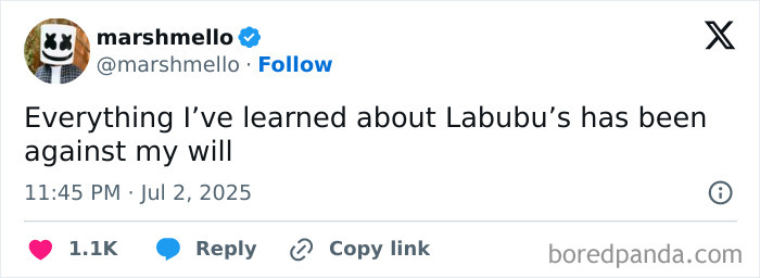 Tweet from verified user marshmello joking about Labubu doll, sparking hilarious memes online, shared on social media.