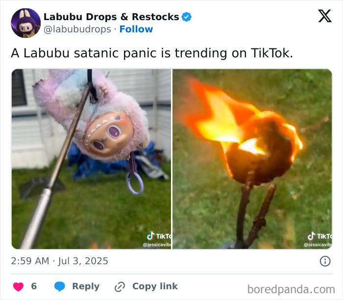 Labubu doll held over fire with flames, trending in memes and viral social media content online.