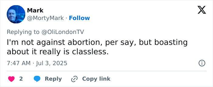 Screenshot of a social media reply criticizing Lily Allen&rsquo;s sickening confession about her abortions as classless and divisive.