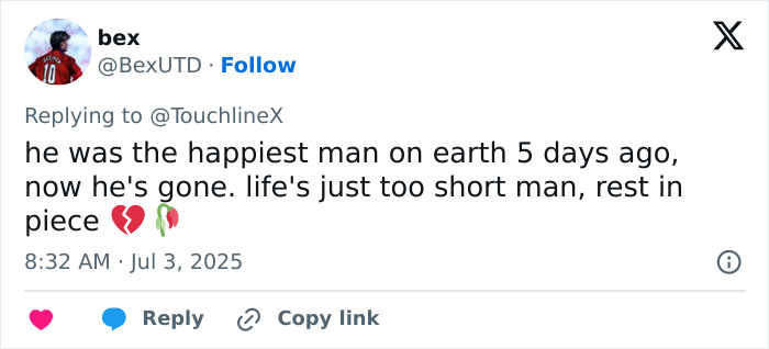 Tweet expressing heartbreak and reminder of life's fragility following Diogo Jota's final post before passing at 28.