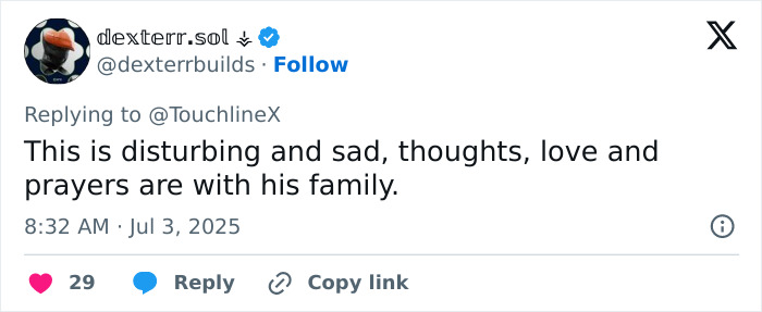 Tweet expressing heartbreak and prayers for family, reflecting on the reminder of life&rsquo;s fragility after Diogo Jota&rsquo;s final post.