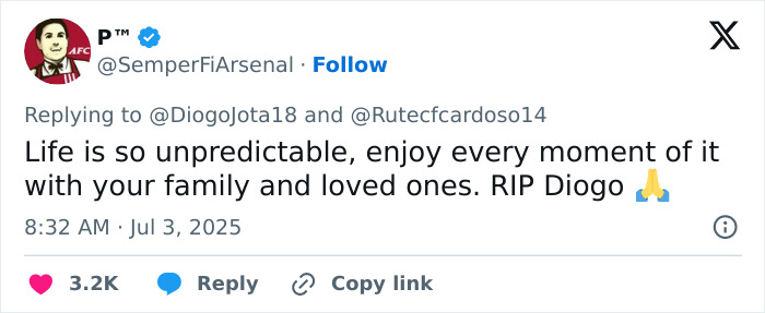 Tweet about life's unpredictability and enjoying moments with family, reflecting heartbreak over Diogo Jota's final post.