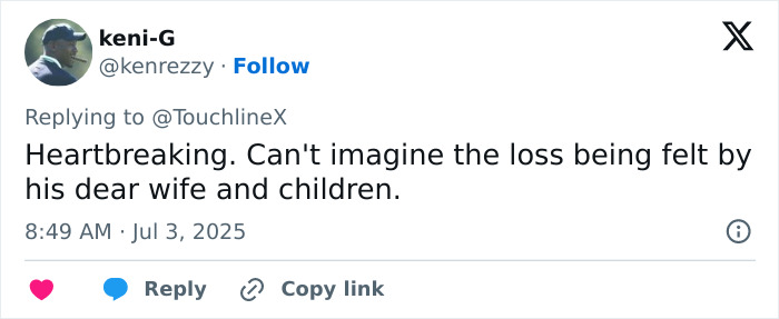 Twitter post expressing heartbreak over the loss, reflecting on life's fragility after Diogo Jota's passing at 28.