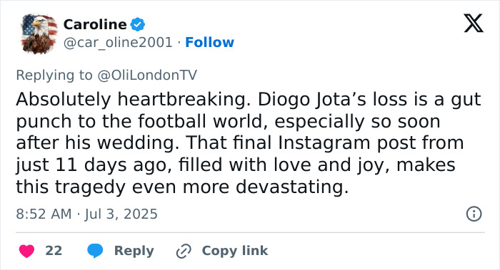 Tweet expressing heartbreak over Diogo Jota's final Instagram post, highlighting reminder of life's fragility and sudden loss.