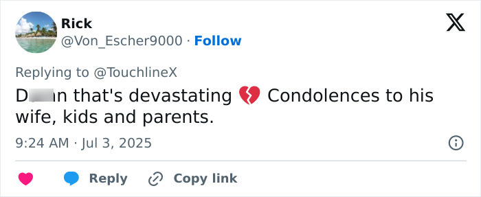 Tweet expressing heartbreak and condolences over Diogo Jota's final post, highlighting life's fragility and grief at 28 years old.