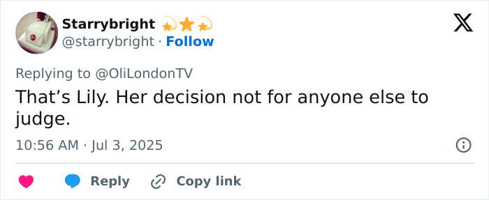 Social media comment defending Lily Allen&rsquo;s abortion decisions amidst internet debate on no soul in her eyes confession.