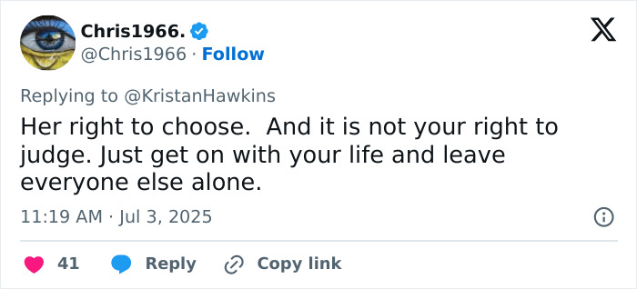 Tweet by user Chris1966 discussing the right to choose and judgment related to Lily Allen's abortion confession.