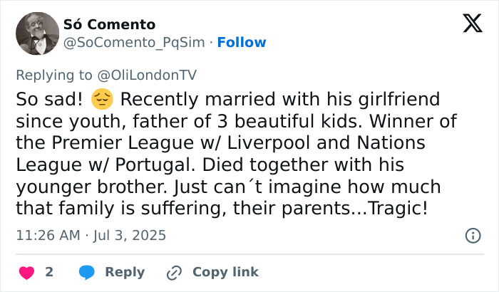 Tweet expressing heartbreak and reminder of life's fragility after Diogo Jota's passing at age 28.