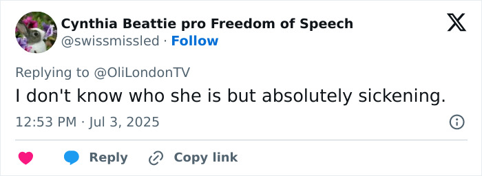 Twitter user Cynthia Beattie responding with a sickening comment about Lily Allen's abortions, sparking internet division.