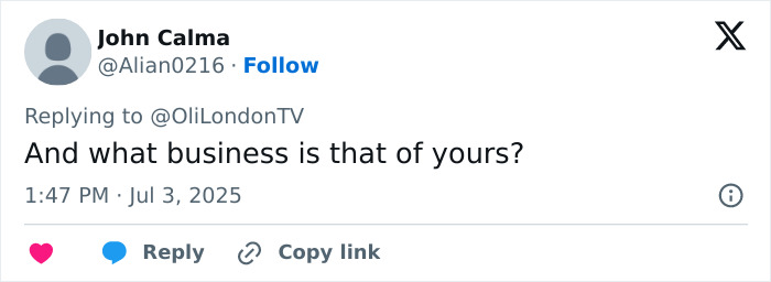 Screenshot of a Twitter reply to OliLondonTV questioning the comment, related to Lily Allen abortion confession debate.