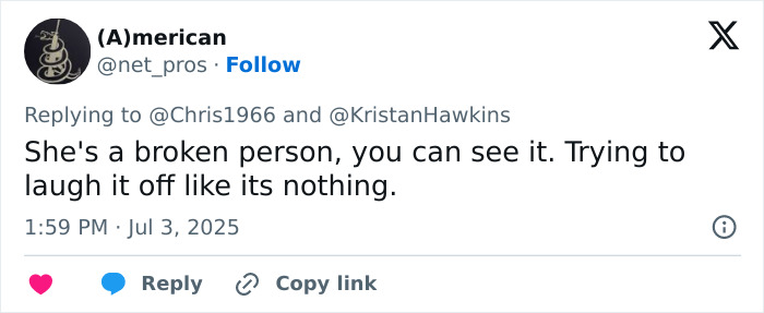 Tweet from user (A)merican expressing opinion about a broken person and referencing the topic of Lily Allen's abortions controversy.