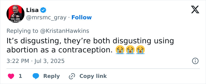 Twitter user expressing strong reaction to Lily Allen&rsquo;s abortion confession, sparking online debate about abortion use.
