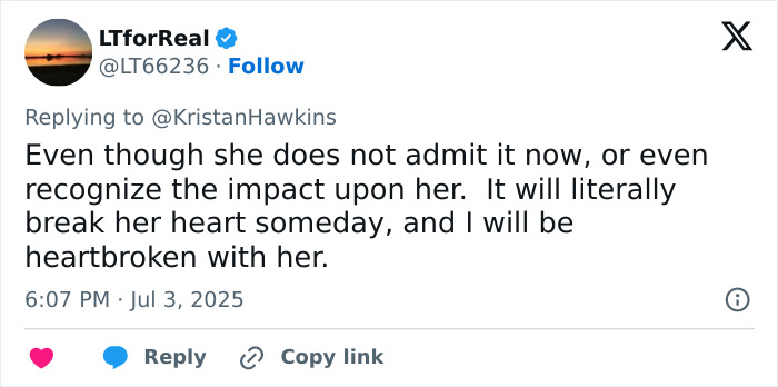 Tweet from LTforReal expressing heartbreak over Lily Allen&rsquo;s sickening confession about her abortions sparking internet debate.